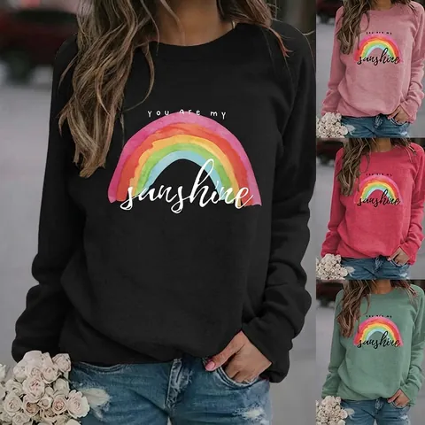 Women Crew Neck Sweatshirt You Are My Sunshine Rainbow Print Cotton Blend Long Sleeve Casual Loose Pullover Top