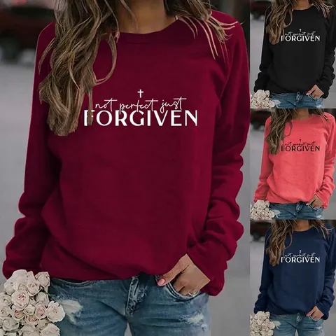 Damen Rundhals Sweatshirt Baumwollmischung Langarm Forgiven Kreuz Druck Pullover Casual Inspirierend Streetwear Top