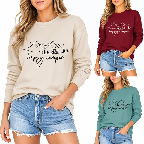 Sudadera Con Estampado Happy Camper Para Mujer Mezcla De Algodón Manga Larga Cuello Redondo Jersey Holgado Para Casual