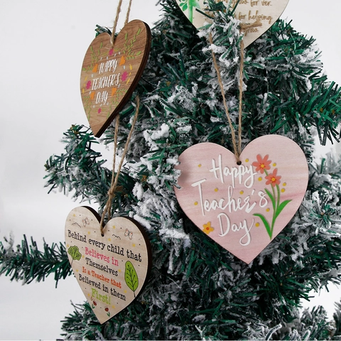 Heart Shaped Wood Plaque For Teacher's Day Hanging Decoration Floral Print Wood Plaque With Hemp Rope Classroom School Teacher Gift