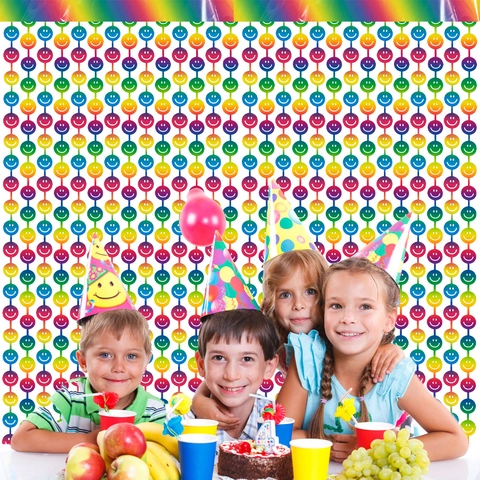 Tenda a Frange Arcobaleno Sfumato Con Faccina Sorridente Fondale per Feste Compleanno Celebrazione Decorazione di Sfondo