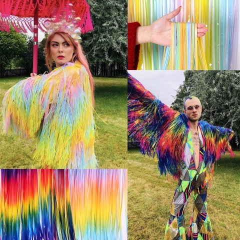 Regenboog Gradiënt Tinsel Tassel Jas Glanzend PET Folie Festival Rave Carnaval Performance Kostuum Open Voorzijde Bovenkleding