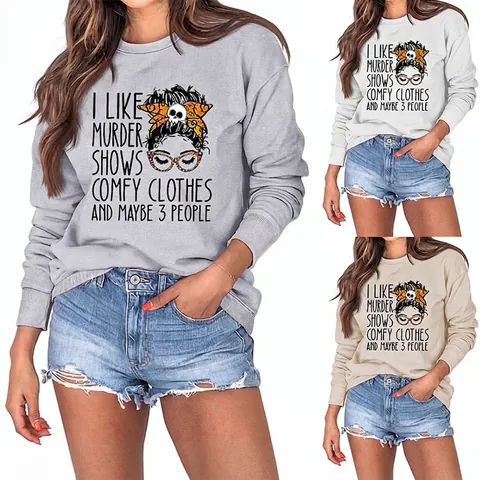 Felpa Donna Girocollo Casual I Like Murder Shows Comfy Clothes Lettere Ritratto Grafica Stampa Manica Lunga Pullover Tops Misto Cotone Streetwear