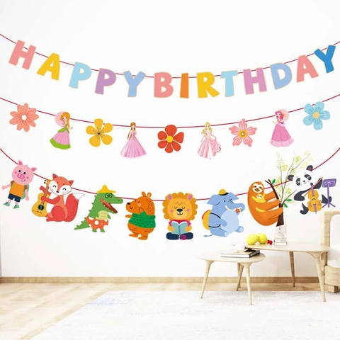 Happy Birthday Banner Bunte Cartoon Tier Prinzessin Papier Hängende Banner Für Kinder Geburtstag Party Dekoration Schule Atmosphäre Layout