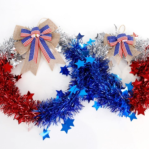 Ghirlanda Patriottica Giorno Indipendenza Rosso Blu Argento Tinsel Stelle Fiocco Ghirlanda per 4 Luglio Festa Casa Decorazione Murale