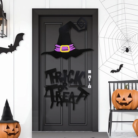 Halloween Felt Door Stickers Skeleton Bride Cauldron Gnome Witch Hat Wall Decals For Party Shop Window Home Decoration