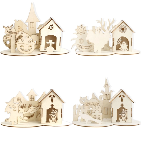 Halloween Wood Puzzle Ornament DIY Laser Cut Haunted House Castle Ghost Pumpkin Desktop Decoration Ghost Festival Home Layout