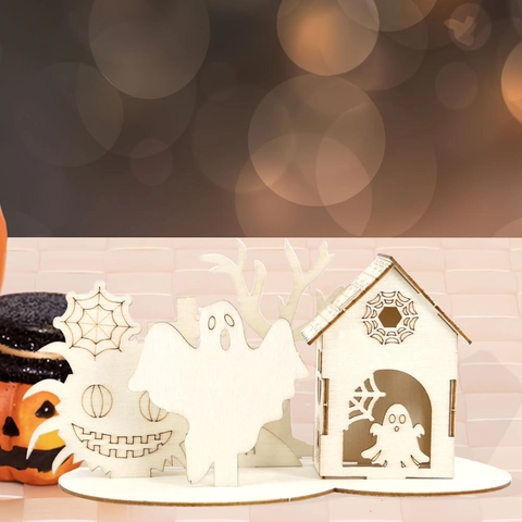 Halloween Wooden Haunted House Ornament DIY Laser Cut Pumpkin Ghost Castle Desktop Decoration For Home Party Festival Decor