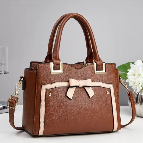 Women PU Leather Handbag Lychee Grain Bowknot Decor Contrast Trim Business Commuter Shoulder Crossbody Bag Elegant