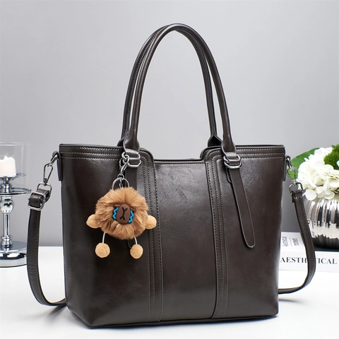 Women Large Capacity PU Leather Tote Bag With Plush Lion Charm Vintage Solid Color Shoulder Bag For Travel Office Commute