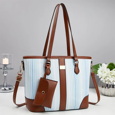 Women Striped Canvas Tote Bag And Pouch Set Large Capacity PU Leather Patchwork Handbag With Removable Shoulder Strap