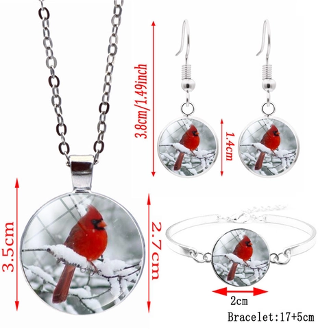 Gioielli Uccello Cardinale Rosso Collana Bracciale Orecchini Lega Vetro Cabochon Motivo Ramo Neve Inverno Vintage Per Donne