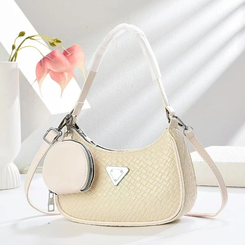 Women Woven Texture Hobo Bag With Small Round Pouch Fashion Half Moon Shoulder Bag PU Leather Underarm Bag Commuting Purse
