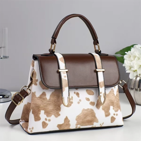 Women Cow Print PU Leather Handbag Retro Square Crossbody Shoulder Bag With Metal Buckle Vintage Style