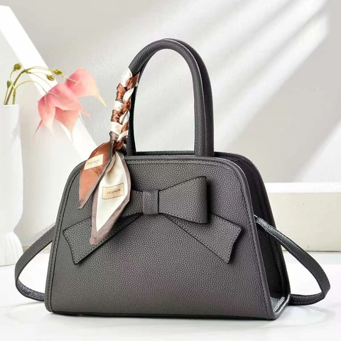 Women Retro PU Leather Lychee Pattern Handbag Large Bowknot Shoulder Bag With Silk Scarf Decor Fashion Crossbody Bag