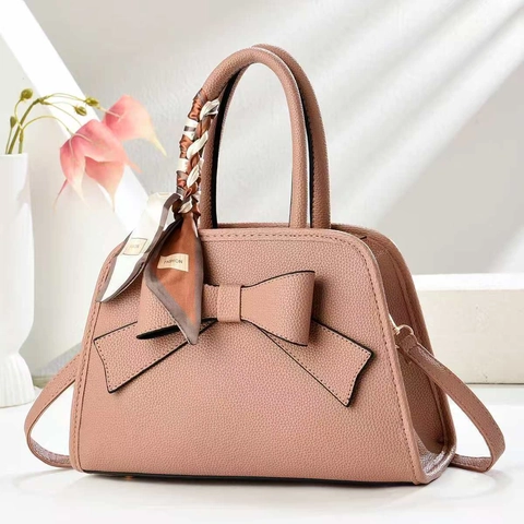Women Retro PU Leather Lychee Pattern Handbag Large Bowknot Shoulder Bag With Silk Scarf Decor Fashion Crossbody Bag