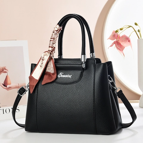 Borsa a Mano da Donna in Pelle PU Grande Capacità Motivo Litchi Borsa Tote Con Sciarpa di Raso Decorativa Borsa a Tracolla