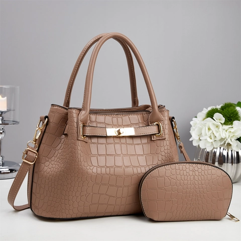 Sac À Main Et Petite Pochette Motif Crocodile Cuir PU Grande Capacité Bandoulière Réglable Élégant À La Mode Pour Femmes