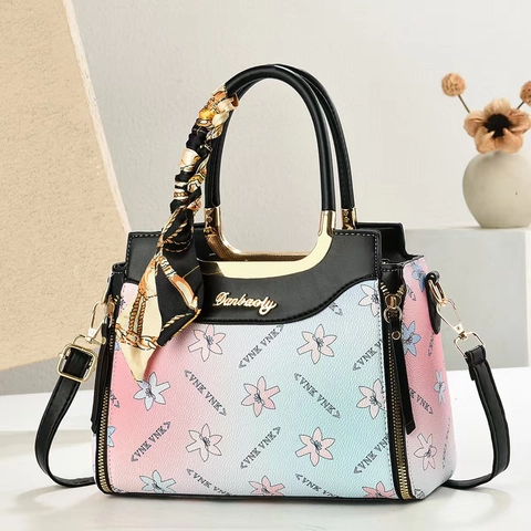 Handtasche Damen PU-Leder Gradient Blumendruck Umhängetasche Mit Schal Am Griff Und Abnehmbarem Gurt