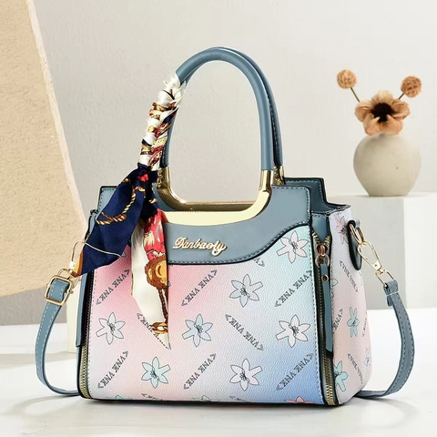 Floral Print PU Leather Handbag For Women Gradient Crossbody Bag With Satin Scarf Handle Elegant Trendy Shoulder Bag