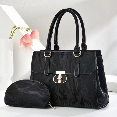 Women Handbag And Pouch PU Leather Wrinkled Texture Large Capacity Shoulder Bag Fashion Commuting Gold Lock Retro