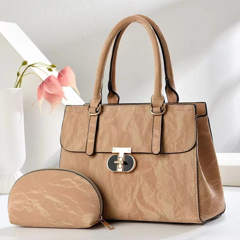 Women Handbag And Matching Pouch PU Leather Wrinkled Texture Metal Lock Large Capacity Commuter Fashionable