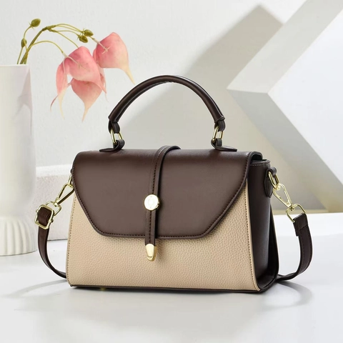 Borsa a Mano in Pelle PU Vintage a Contrasto per Donna Elegante Borsa a Tracolla a Grana Litchi Con Hardware Dorato Borsa Quadrata