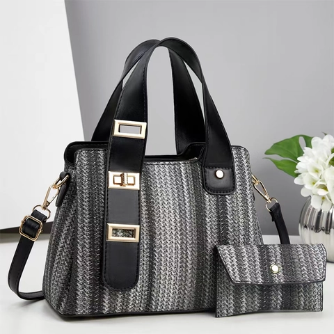 Set Borse Tote a Righe Intrecciate da Donna Con Pochette Coordinata Finiture in Pelle PU Borsa a Tracolla Casual da Spiaggia