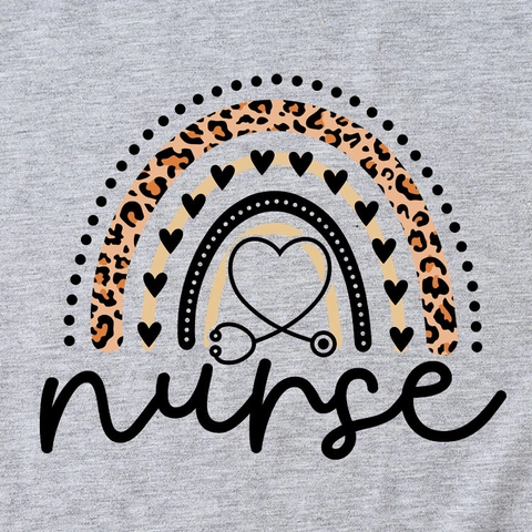 Women's Casual Cotton Blend T-Shirt Nurse Leopard Rainbow Heart Graphic Round Neck Short Sleeve Top Streetwear Clothing
