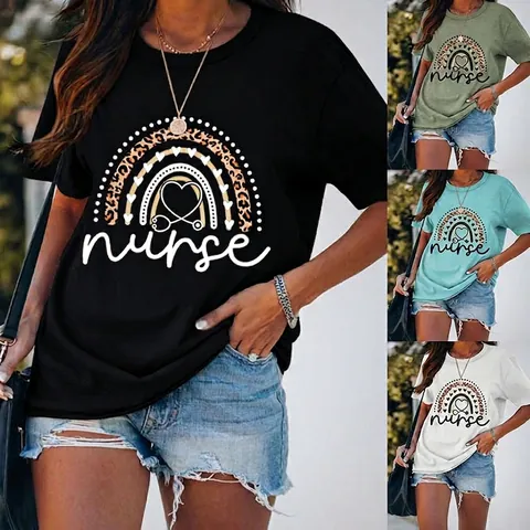 Women's Casual Cotton Blend T-Shirt Nurse Leopard Rainbow Heart Graphic Round Neck Short Sleeve Top Streetwear Clothing