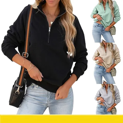 Damen Sweatshirt Mit Viertelreißverschluss Langarm Stehkragen Baumwollmischung Lässig Locker Oberteil