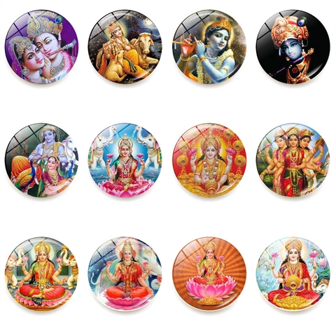 Aimant de Réfrigérateur en Verre Divinité Hindoue Lakshmi Krishna Radha Autocollant Magnétique Rond Décoration Maison Cuisine Art Religieux
