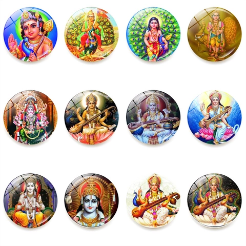 Calamita Da Frigo In Vetro Rotondo Divinità Indù Arte Colorata Saraswati Religiosa Decorazione Della Cucina Magnete Forte Magneti Da Ufficio