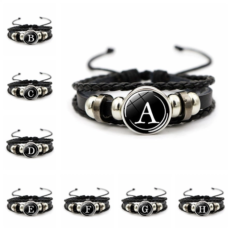 Bracciale In Pelle Intrecciata Multistrato Vintage Con Lettera Iniziale Cabochon In Vetro Perline In Lega Punk Unisex