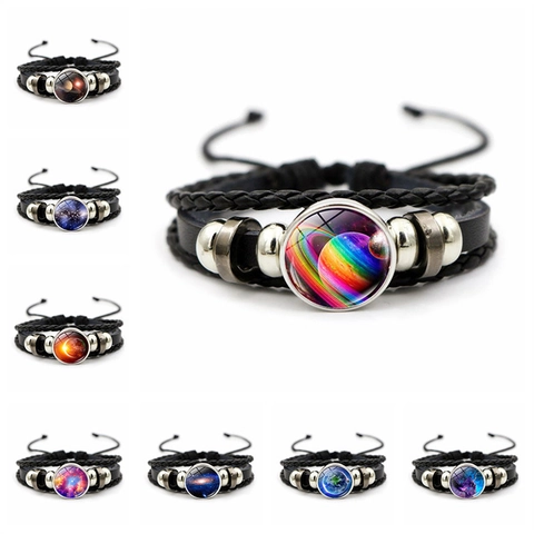 Galaxy Planet Universum Glas Cabochon Geflochtenes Lederarmband Mehrlagig Verstellbarer Punk Schmuck Für Damen Herren