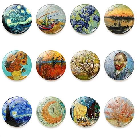 Round Glass Fridge Magnets Van Gogh Oil Painting Art Magnetic Stickers For Kitchen Office Whiteboard Home Decoration Aesthetic