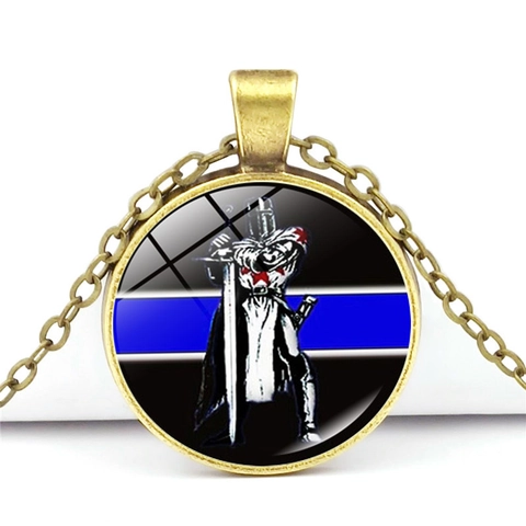 Collar Con Colgante De Caballero Cruzado Vintage Thin Blue Line Insignia De Policía Cabochon De Vidrio Joyería De Aleación