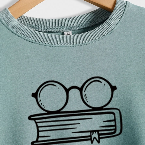 Damen Sweatshirt Rundhalsausschnitt Baumwollmischung Locker Grafikdruck Book Nerd Brille Pullover Lässig Streetwear