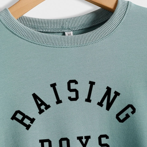 Damen Raising Boys Buchstaben Print Rundhals Langarm Sweatshirt Locker Casual Pullover Baumwollmischung Top Oberbekleidung