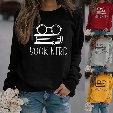 Damen Sweatshirt Rundhalsausschnitt Baumwollmischung Locker Grafikdruck Book Nerd Brille Pullover Lässig Streetwear