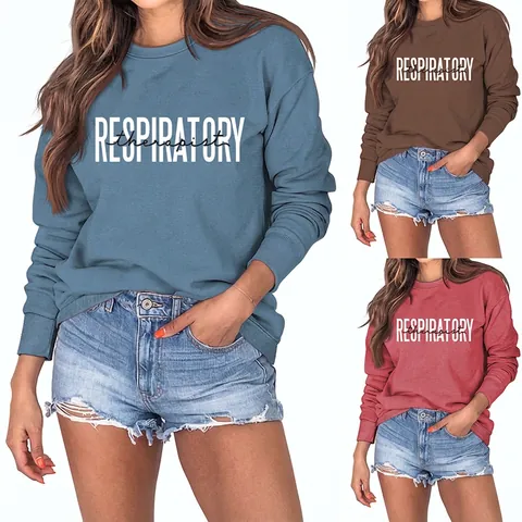 Damen Sweatshirt Rundhals Langarm Respiratory Therapist Buchstabendruck Baumwollmischung Lässig Lockerer Pullover