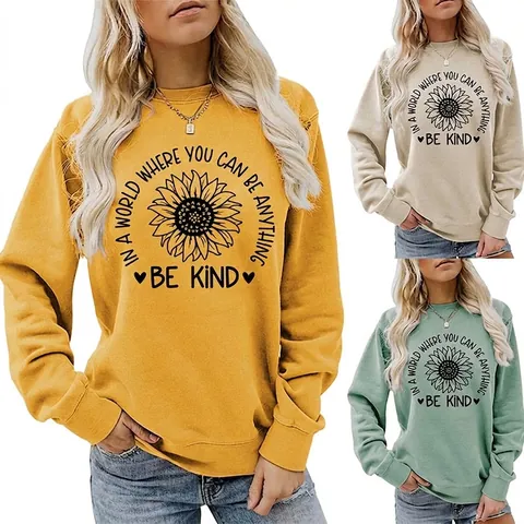 Women Crewneck Pullover Sweatshirt Sunflower Print Be Kind Quote Long Sleeve Cotton Blend Casual Loose Fit Top