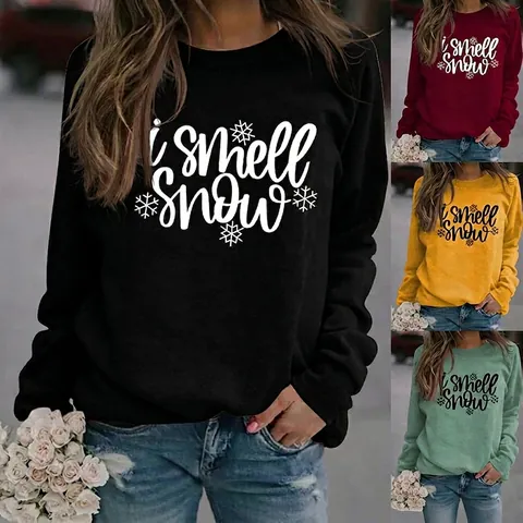 Damen Rundhals Sweatshirt Langarm I Smell Snow Schneeflocken Druck Casual Lose Baumwollmischung Pullover Winter