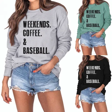 Dames Casual Katoenmix Ronde Hals Sweatshirt Weekends Coffee Baseball Letterprint Lange Mouwen Pullover Ruime Pasvorm Tops
