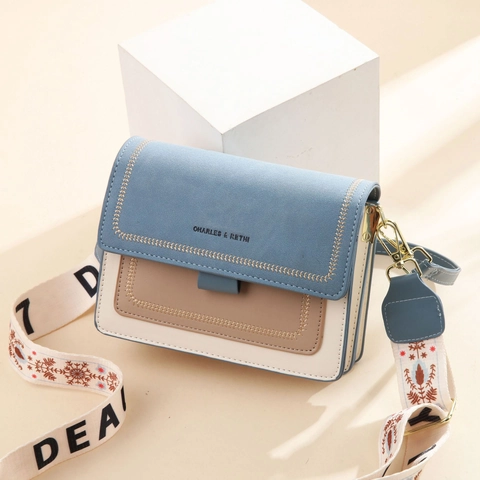 Small Square Shoulder Bag PU Leather Crossbody Color Block Contrast With Embroidery Wide Strap Fashion For Women