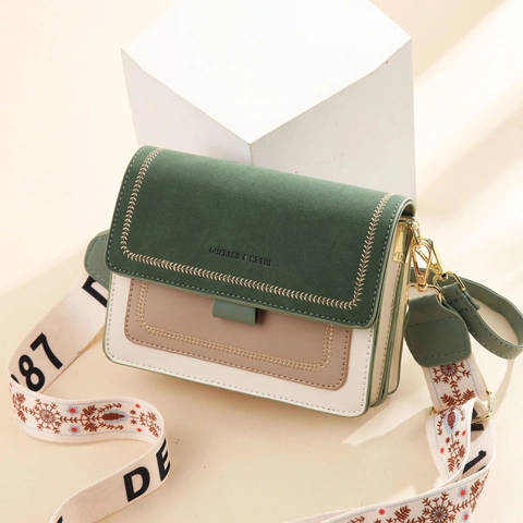 Small Square Shoulder Bag PU Leather Crossbody Color Block Contrast With Embroidery Wide Strap Fashion For Women