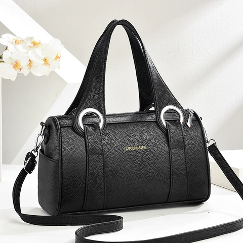 Borsa Boston Donna Pelle PU Grana Lichi Tracolla Elegante Pendolare Grande Capacità Manico Superiore Argento