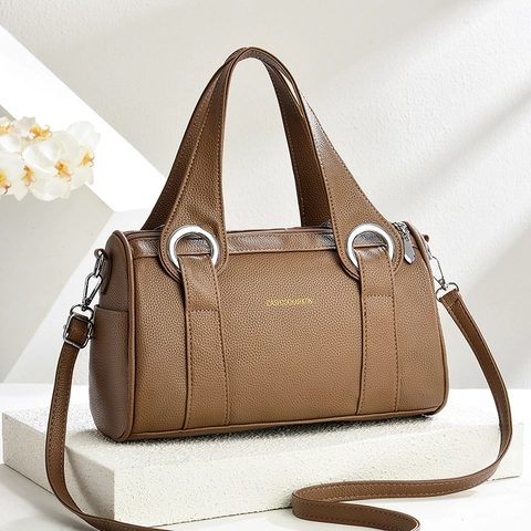 Borsa Boston Donna Pelle PU Grana Lichi Tracolla Elegante Pendolare Grande Capacità Manico Superiore Argento