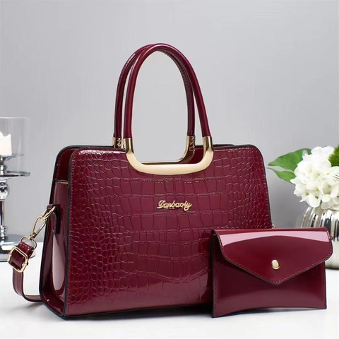 Damen Handtasche Und Umschlag Portemonnaie Krokodilmuster PU Leder Glänzend Mode Schulter Umhängetasche Metallgriff