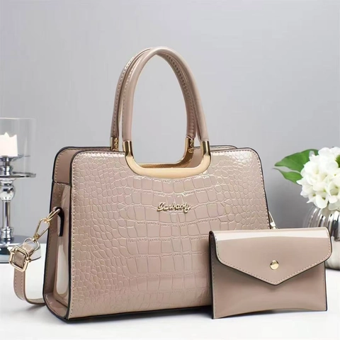 Damen Handtasche Und Umschlag Portemonnaie Krokodilmuster PU Leder Glänzend Mode Schulter Umhängetasche Metallgriff